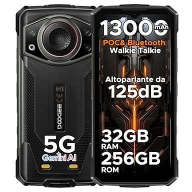 DOOGEE Fire 7 Ultra Rugged Smartphone 5G Andriod 15, 32GB+256GB, 13000mAh Telefono Indistruttibile, 64MP, Dimensity 6300 Octa Core/Bluetooth Walkie Talkie/POC/PTT/SOS/M6/125dB/3.5W Altoparlante-Grigio