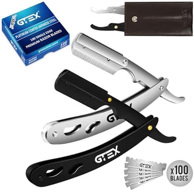 Rasoio a Mano Libera Professionale GTEX - 2 Rasoio Barba Manuale Uomo con 100 Lamette da Barba GTEX Premium - Rasoio Barbiere per la Rasatura e la Cura dei Contorni Barba Uomo - Straight Razor Set