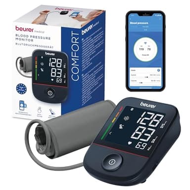Beurer BM 48 Misuratore di pressione da braccio, facile da usare con un solo pulsante, misurazione delicata e rapida, rilevazione delle aritmie, ampio display, Con connessione all'app BM 48