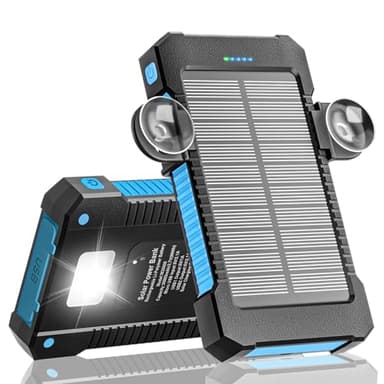 Power Bank Solare da 26800 mAh con Supporto a Ventosa, Caricabatterie Solare 3 Porte per Ricarica Rapida da 15 W con Torcia/SOS/Stroboscopio, Power Bank Impermeabile per Telefono da Esterno(blu)