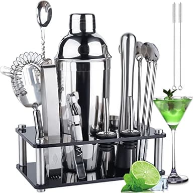 MUOIVG Shaker Cocktail Set 750 ML, 17 Pezzi Kit da Barman in Acciaio Inox, Professionale Kit Barman Completo, Set di Strumenti Bar con Mensola in Cristallo,Ricetta,per Casa, Bar e Feste,Regalo