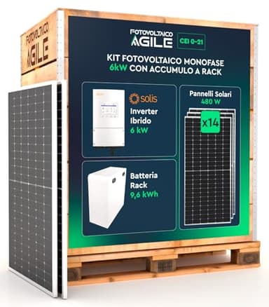 KIT Pannelli Solari 6,72 kWp + Inverter Ibrido Solis 6 kW + Batteria 9,6 kWh - Certificato CEI 0-21 - Funzione Backup - Impianto a isola oppure ongrid