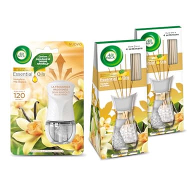 Airwick Kit Profumatori per Ambienti: 1 Diffusore Elettrico di Oli Essenziali, gadget + Ricarica 1x19ml e 2 Profumatori per Ambienti a Bastoncini, 2x25 ml, entrambi alla Fragranza di Vaniglia e Ambra
