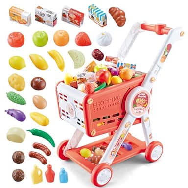 KalaDuck Carrello Spesa Giocattolo Bambini, 31PCS Supermercato Carrello Spesa con Accessori Alimenti Frutta Verdura , Gioco di Ruolo Cestino della Spesa Giochi del Negozio per Ragazzi Ragazze (Rosso)