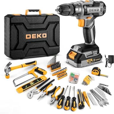 DEKO Cassetta Attrezzi Completa con Trapano Avvitatore Batteria 20V, 186 Pezzi, Set Completo di Punte