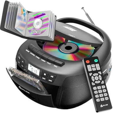 KLIM Lettore CD Con Custodia + Lettore Cassette Audio, AM/FM Radio Bluetooth, Stereo CD Player, Remota, Registrazione Su Nastro, USB Drive, AUX, Radio Stereo Casa Alimentazione AC/DC