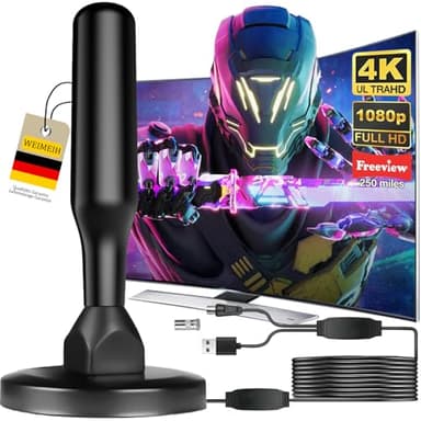 Antenna TV Interna 2026 Antenna TV Interna Amplificata Potente, Terrestre con 500 km di Ricezione con Base Magnetica, Amplificatore di Segnale Support 4K HD/1080P per HDTV (black)
