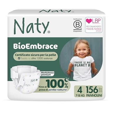 Naty BioEmbrace Pannolini per Bambini Taglia 4 (7–18 kg) | 100% a base vegetale sulla Pelle | Morbidezza vegetale, Dermatologicamente Testati, Super Assorbenti | 156 Pezzi