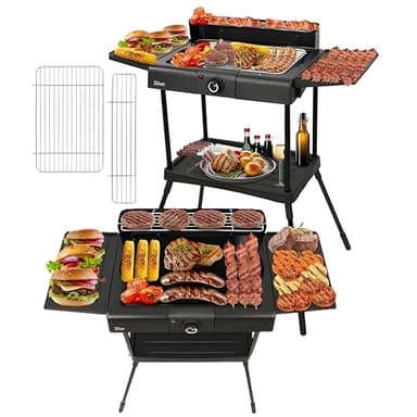Barbecue elettrico 2 in 1, da pavimento e da tavolo, da 2400 Watt, per balconi, esterni e interni, con piedistallo, grande superficie per grigliare, regolatore della temperatura continuo