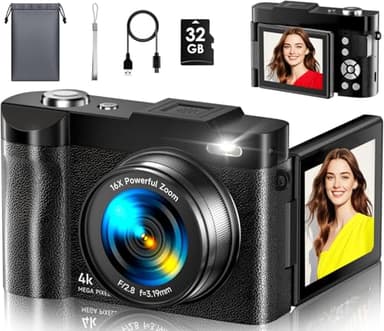 Macchina Fotografica Digitale, 4K 50MP Autofocus Videocamera 16X Zoom Con Schermo Ribaltabile a 180° Da 2,8", Ricaricabile Macchina Digitale Compatta con Scheda da 32GB, per Studenti Principianti