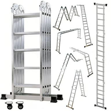 OUTIGO Scala multiuso 4x5, scala pieghevole in alluminio 7 in 1 con 2 ruote, scala multiuso per uso domestico a 20 gradini, portata massima 150 kg, (4 * 5)