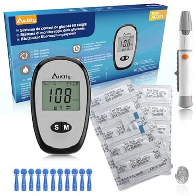 AuQty Glucosio nel sangue kit Glucometro Misuratore Glicemia Diabete Test Kit, Tester della glicemia con 20 strisce reattive - mg/dL