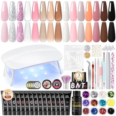 COSCELIA Kit Ricostruzione Unghie con Lampada UV, 15x16ML Poli Nail Extension, 30ml Slip Solution Base e Top coat Kit Gel Completo per Principianti
