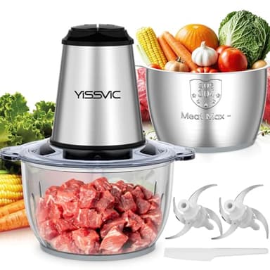 YISSVIC Tritatutto da Cucina Elettrico 2L,500W,Doppia Ciotola Vetro e Acciaio Inox,2 Velocità, 2×4 Lame, Anello Antiscivolo, Lavabile in Lavastoviglie, per Frutta Verdura Carne Spezie