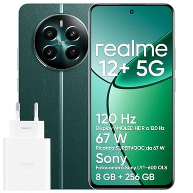 realme 12+ 5G 8+256 GB con NFC Smartphone, Sony LYT-600 OIS, Chipset Dimensity 7050, Display AMOLED da 120 Hz, Smart Touch Antipioggia, Batteria potente da 5000mAh, Pioneer Verde (Adattatore Incluso)