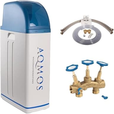 AQMOS Wasseraufbereitung addolcitore d'acqua con set di collegamento 1" e blocco di montaggio 1" | Addolcitore d'acqua per famiglie fino a 5 persone (con blocco di montaggio)(R2D2-48)
