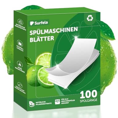 Surfela 100 fogli per lavastoviglie naturali, biodegradabili, senza plastica, profumo di limone, ricambio ecologico per pastiglie per lavastoviglie