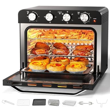 Karienvir Friggitrice ad aria 36 litri, 1800W Air Fryer, Mini Forno ad Aria Calda per Pizza, Controllo della manopola, Timer e Temperatura Regolabili, Senza Olio con 7 Accessori, Nero