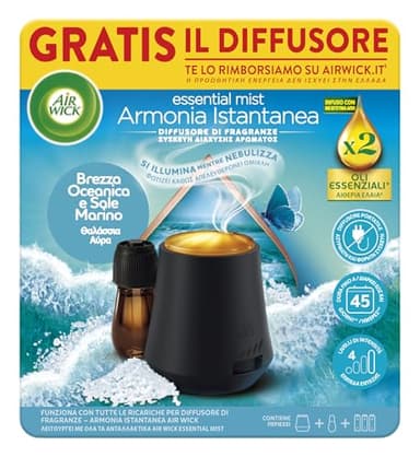 Airwick Armonia Istantanea Profumatore per Ambienti, Confezione con 1 Diffusore di Oli Essenziali e 1 Ricarica alla Fragranza Brezza Oceanica per Diffusore di Oli Essenziali