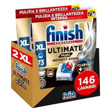 Finish Ultimate PLUS Infinity Shine Pastiglie Lavastoviglie, 146 Capsule Lavastoviglie, Pastiglie per Lavastoviglie contro lo Sporco e i Residui Incrostati