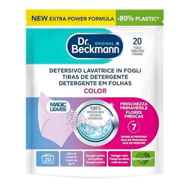 Dr. Beckmann MAGIC LEAVES Detersivo Lavatrice in fogli CAPI COLORATI | Facile da usare, facile da riporre & da trasportare | 20 fogli