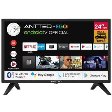 Antteq 24 Pollici Smart TV (62cm) con Adattatore 12V/230V per Caravan,Barca,Assistenza Vocale Bluetooth,Compatibile con Google Play Store,YouTube Netflix,Prime Video(G24-AH3CF1D) 2025