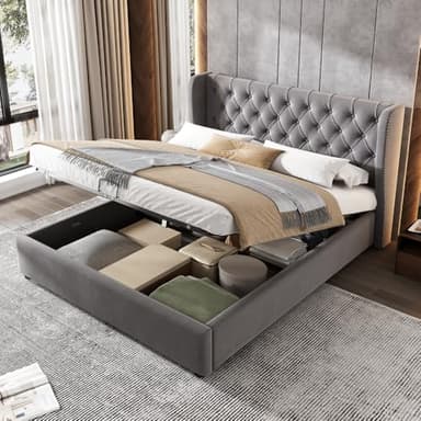 Wyibwy Letto imbottito 140x190cm, letto contenitore matrimoniale con dispositivo idraulico, struttura letto con rete a doghe e spazio contenitore, Panno antipolvere sul fondo della scatola, Grigio