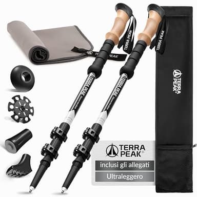 Terra Peak® Bastoncini da trekking telescopici alluminio (pieghevoli, estensibili, regolabili, leggeri) Bastoni, bacchetta, racchette e trekking Nordic Walking, Trail Running, escursionismo, montagna