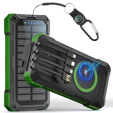 56800mAh Power Bank Solare con 4 Cavi:30W Caricabatterie Portatile Solare Ricarica Rapida,Power Bank Senza fil con Torcia LED | Bussola, 6 Uscite 3 Ingressi per Smartphones,Tablets