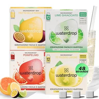 waterdrop® Frutta Tropicale - 48 cubetti waterdrop per acqua - Pacchetto di prova 4 gusti aromatizzanti - insaporitore acqua senza zucchero - acqua aromatizzata in forma di cubetti per bevande
