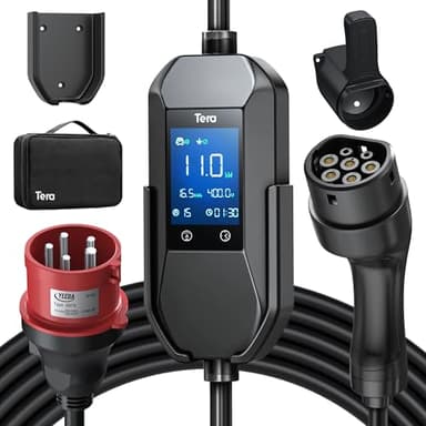Tera Mobile Wallbox EV Caricatore Tipo 2: 11 kW 400 V 7,5 m 6–16 A Display 2,8" Trifase CE & IP66 Cavo di ricarica con borsa Accessori per auto elettrica Adattatore EV P06