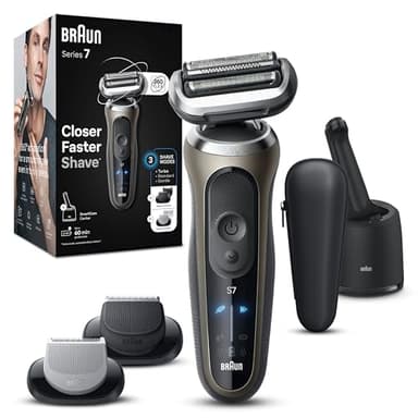 Braun Serie 7 Rasoio Elettrico Barba, Wet&Dry, Regolabarba Uomo, Rasoio Barba, 60 Min Di Utilizzo, Stazione SmartCare 4in1, +2 Accessori, Senza Fili,100% Impermeabile, Regolabarba Braun 72-C7650CC Oro