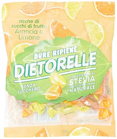 Dietorelle - Caramelle Dure Vegan Arancia e Limone, Caramelline Frutta Agrumi, Senza Zucchero, Senza Glutine, con Dolcificante Naturale - 70 gr