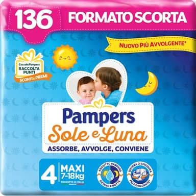 Pampers Sole e Luna Pannolini Maxi, Bambini Unisex, Taglia 4 (7-18 kg), 136 Pannolini