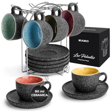 MIAMIO - Tazze da espresso impilabili in ceramica da 80 ml con piattini e supporto in metallo, set di 6 tazze da espresso, tazze demitasse, tazze da caffè per espresso - Collezione Las Palmitas