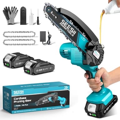 Mini Motosega a Batteria Portatile, SEESII Sega a Batteria da 6 Pollici con Caricatore, 2 Batterie e Oliatore Automatico, Motosega Elettrica per Giardinaggio, CH610