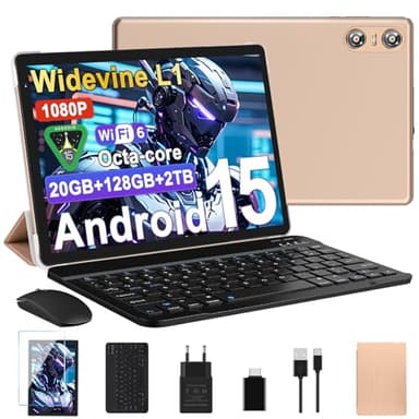 Biegedy Tablet 10 Pollici Android 15, Tablets 20GB RAM+128GB ROM (2TB TF), Octa-Core, Tablets WiFi 6, Widevine L1, GMS, Bluetooth 5.0, 6000mAh, 5+8MP, Tablet 2 in 1 Tastiera + Mouse - Oro