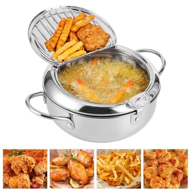 Casseruola giapponese in acciaio inox, friggitrice Tempura con colino, termometro e coperchio, mini friggitrice ad olio da 2,2 l, ideale per patatine fritte, ali di pollo e gamberetti (20 cm)