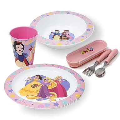 damaloo Principesse Set Stoviglie Bambini - Piatto, Ciotola, Tazza e Posate Bambini, Set Pappa Bimbo per Colazione, Pranzo e Cena, Riutilizzabile e Senza BPA