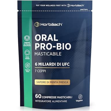 Biotici Orali per la Bocca | 60 Compresse Masticabili Vegane | Sapore Menta | Integratore Alitosi con Lactobacillus Acidophilus, Reuteri e Altro | 6 Miliardi di CFU | di Horbaach