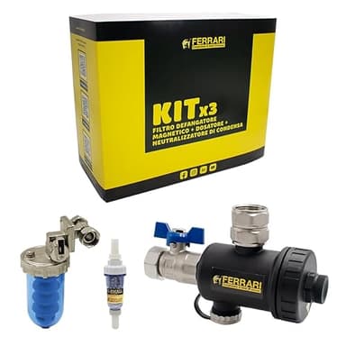 Kit Salva Caldaia FERRARI Filtri 3 in 1 - contiene: 1 Defangatore Magnetico + 1 Neutralizzatore Condensa Acida + 1 Dosatore Decalcificatore a sali polifosfati + Chiave di svitamento