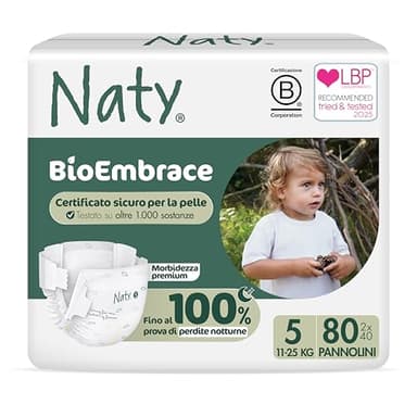 Naty BioEmbrace Pannolini per Bambini Taglia 5 (11–25 kg) | 100% a base vegetale sulla Pelle | Morbidezza vegetale, Dermatologicamente Testati, Super Assorbenti | 80 Pezzi