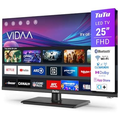 TuTu Smart TV 25 Pollici (64 cm) Full HD LED Televisori con Wi-Fi, Bluetooth, Triplo Tuner (DVB-T/T2, DVB-C, DVB-S/S2), App Store, HDMI, USB, Modalità hotel, Piede Centrale
