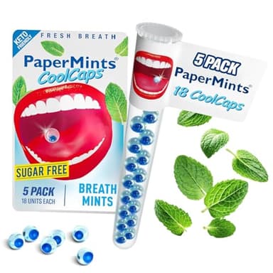 PaperMints CoolCaps - 5 tubetti da 18 capsule per l'alito cattivo per adulti senza zucchero, deodorante per alito cattivo istantaneo per adulti
