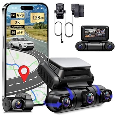 Rhorawill 4 Canali Dash Cam,Rotazione a 360° Anteriore Posteriore All'interno Sinistra Destra Dashcam Auto,Radar Rilevamento & Movimento Modalità Parcheggio,5G WiFi GPS,3" Libero 128GB,Hardwire Kit