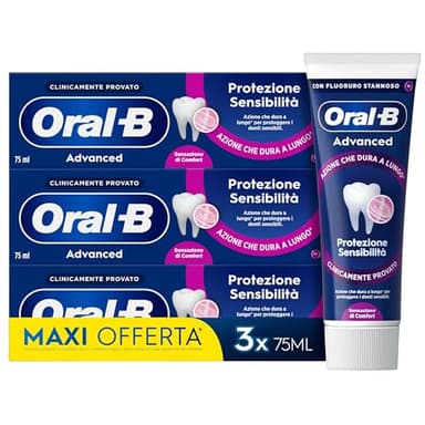 Oral-B Dentifricio Advanced Protezione Sensibilità 3x75ml, Dentifricio per Denti Sensibili, Pulizia Denti Efficace, Alito Fresco, Sapore Eucalipto Menta Piperita