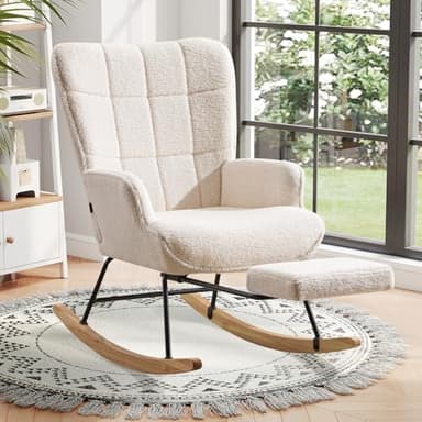 Ckaff Poltrona a Dondolo con Poggiapiedi, Sedia a Dondolo per Salotto Poltrona Allattamento con Schienale Alto e Base in Legno Massiccio per Camera da Letto Cameretta Bambini Soggiorno, Bianco
