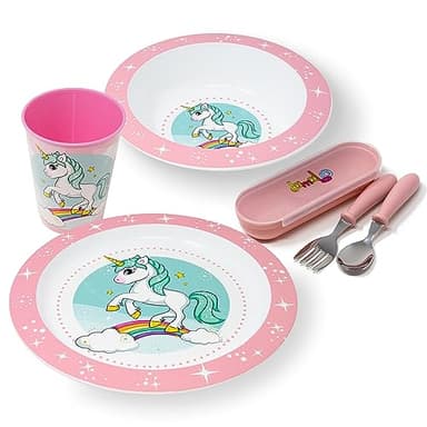 damaloo Unicorno Set Stoviglie Bambini - Piatto, Ciotola, Tazza e Posate Bambini, Set Pappa Bimbo per Colazione, Pranzo e Cena, Riutilizzabile e Senza BPA