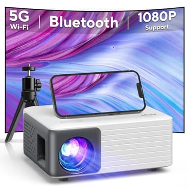 Proiettore Bluetooth 5G WiFi, AKIYO Proiettore Portatile 15000Lumen 1080P Full HD Supporto 4K, Mini Proiettore ±50° Keystone 50% Zoom, Compatibile con iOS/Android/HDMI/TV Stick (Treppiede incluso）