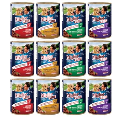 Miglior Cane - Cibo Umido per Cani, 12 Scatolette da 405 grammi, 4 Gusti Assortiti (Pollo/Coniglio, manzo, selvaggina, manzo e ortaggi) Scatolette cani